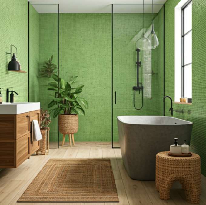 Grass Green Mosaic Tiles And Concrete Bathtub
